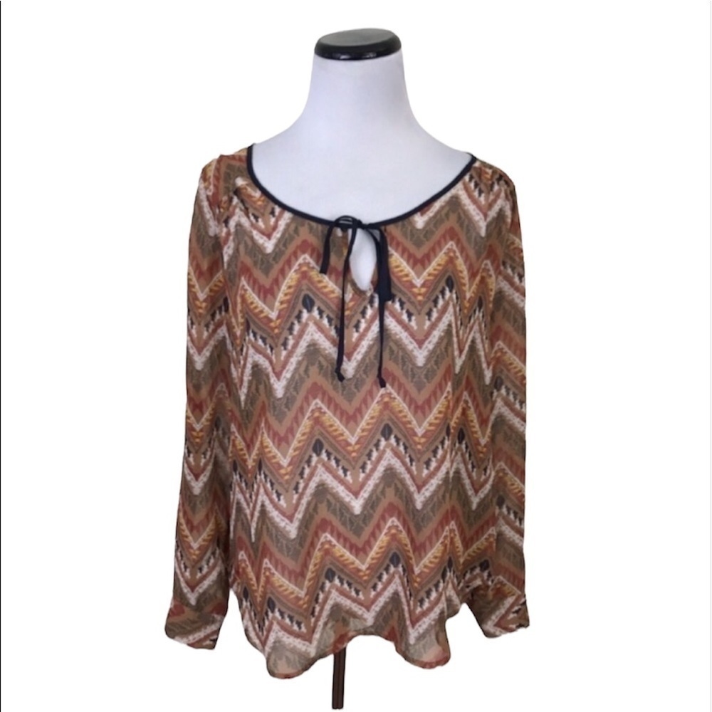 Daniel Rainn Sheer Southwest Zigzag Roll Tab Long Sleeve Blouse Top Size Small